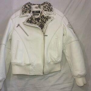 Pelle Pelle White Leather biker Jacket with Leopard Print